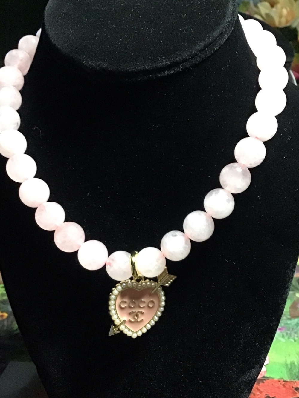 Pink CC Beaded Necklace with Heart Pendant
